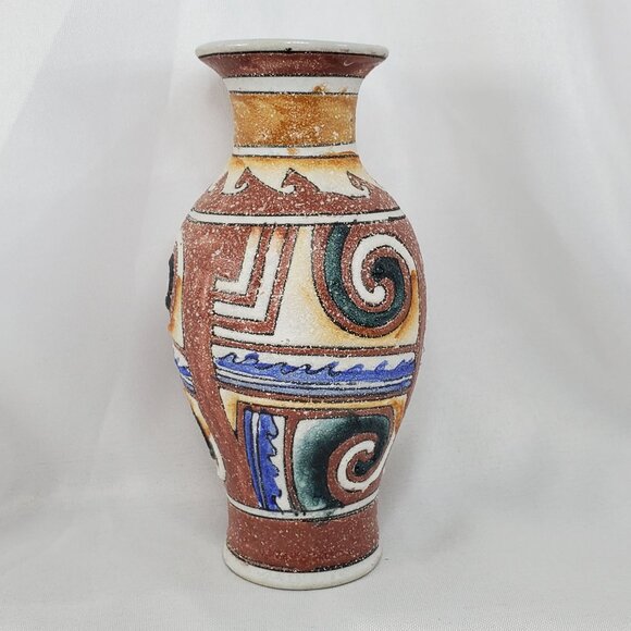 VTG Sandstone Textured Vase 6" Hand Painted Southwest Design Cream, Tan & blue - Picture 6 of 10